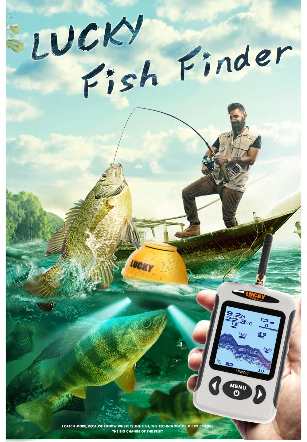Lucky FFW718& FFW718LA Wireless Portable Fish Finder 45M/135FT Sonar Depth Sounder Alarm Ocean River Lake