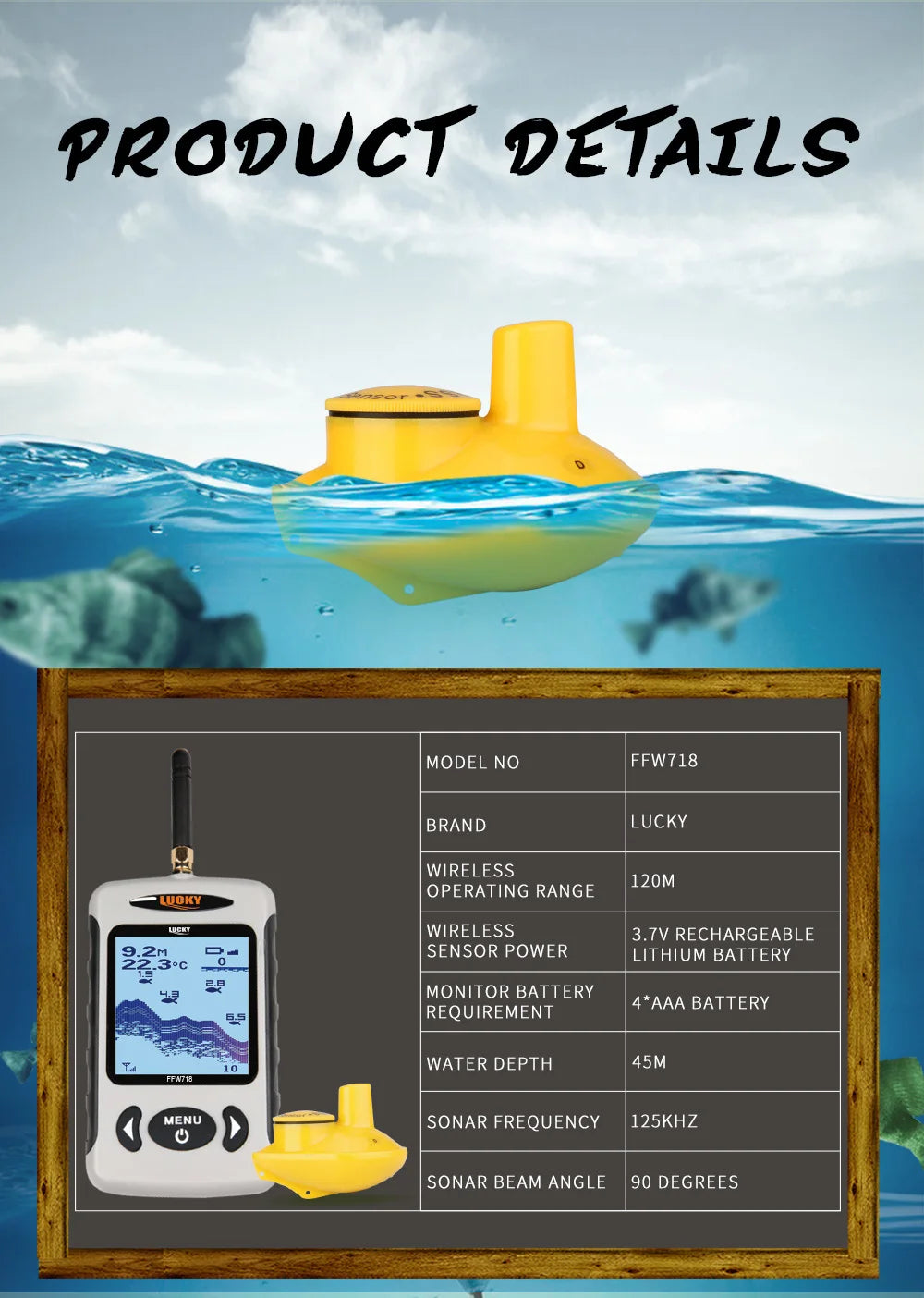 Lucky FFW718& FFW718LA Wireless Portable Fish Finder 45M/135FT Sonar Depth Sounder Alarm Ocean River Lake