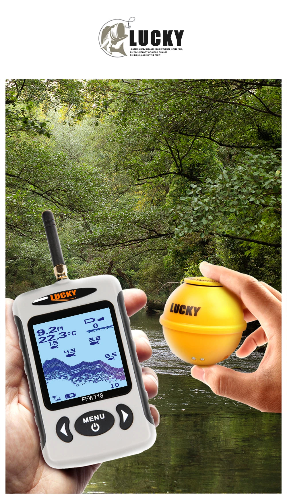 Lucky FFW718& FFW718LA Wireless Portable Fish Finder 45M/135FT Sonar Depth Sounder Alarm Ocean River Lake