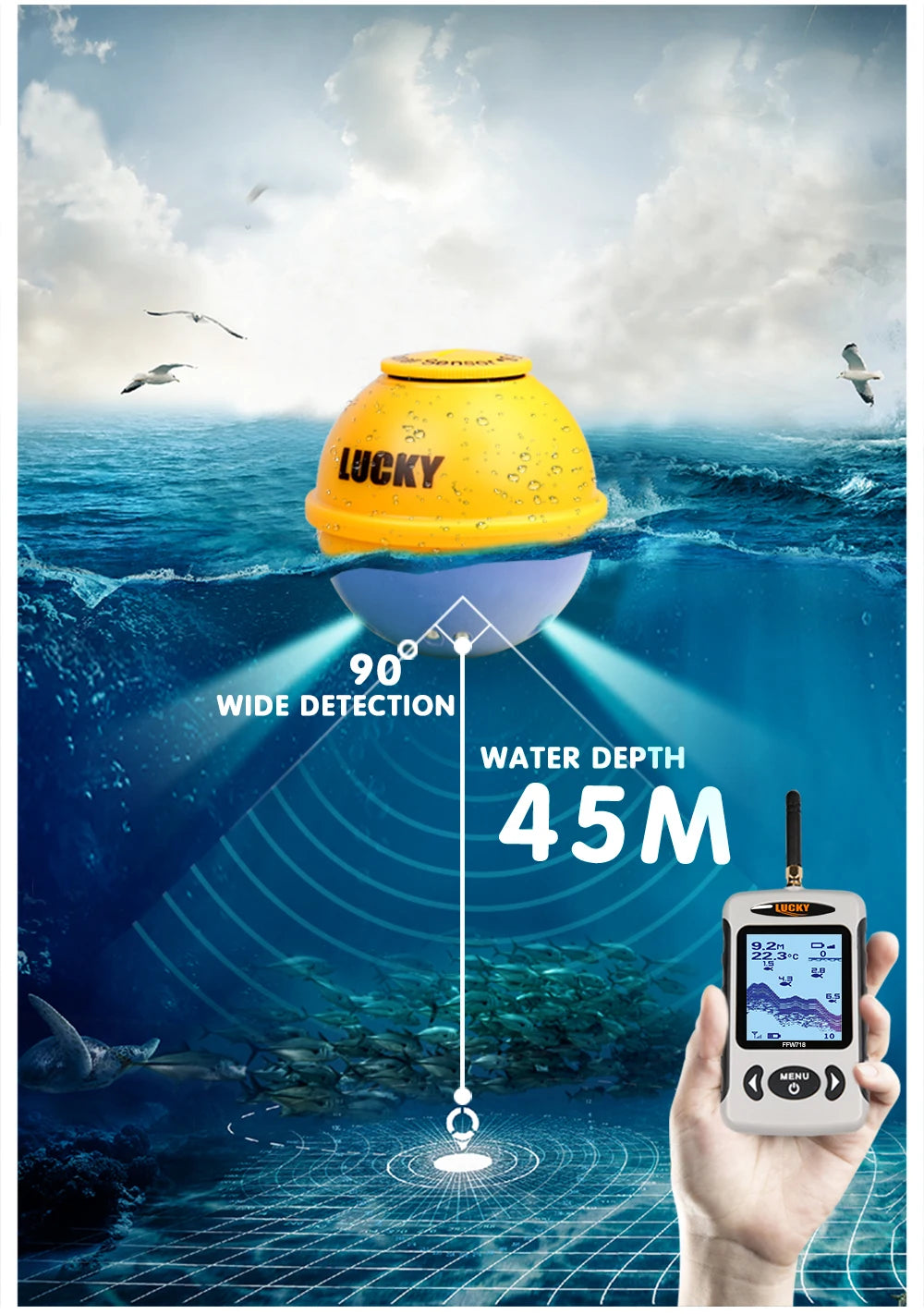 Lucky FFW718& FFW718LA Wireless Portable Fish Finder 45M/135FT Sonar Depth Sounder Alarm Ocean River Lake