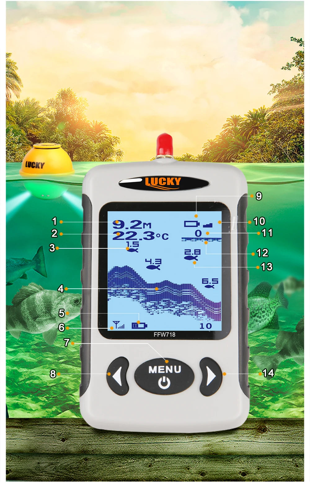 Lucky FFW718& FFW718LA Wireless Portable Fish Finder 45M/135FT Sonar Depth Sounder Alarm Ocean River Lake