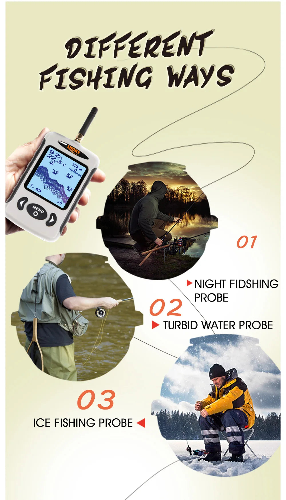 Lucky FFW718& FFW718LA Wireless Portable Fish Finder 45M/135FT Sonar Depth Sounder Alarm Ocean River Lake