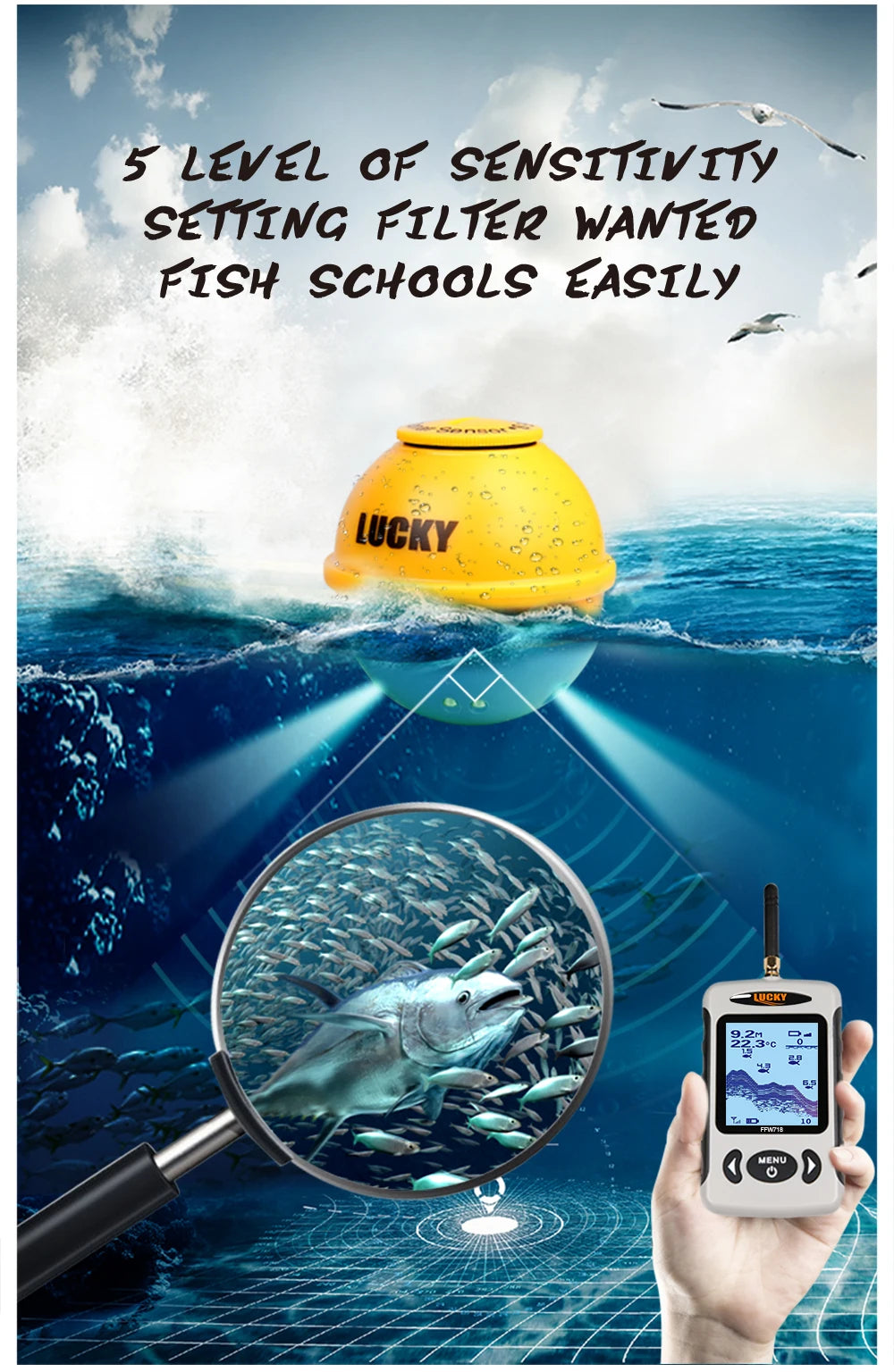 Lucky FFW718& FFW718LA Wireless Portable Fish Finder 45M/135FT Sonar Depth Sounder Alarm Ocean River Lake