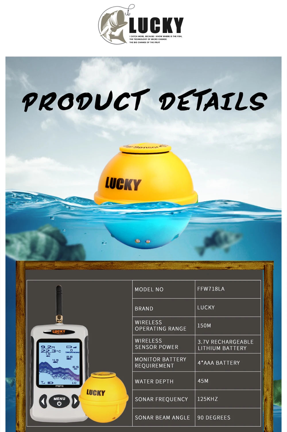Lucky FFW718& FFW718LA Wireless Portable Fish Finder 45M/135FT Sonar Depth Sounder Alarm Ocean River Lake